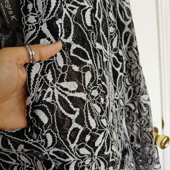 NWT Allegra K Black And White Floral  Lace Sheer Blazer Sexy Date Night Party - Picture 2 of 9